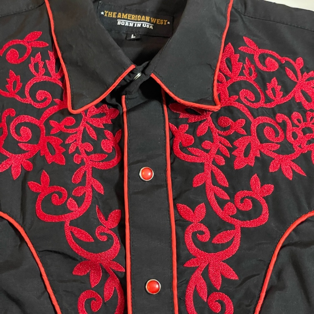 AMERICAN WEST RED & BLACK EMBROIDERED RODEO SHIRT SZ LG EUC - Picture 3 of 13